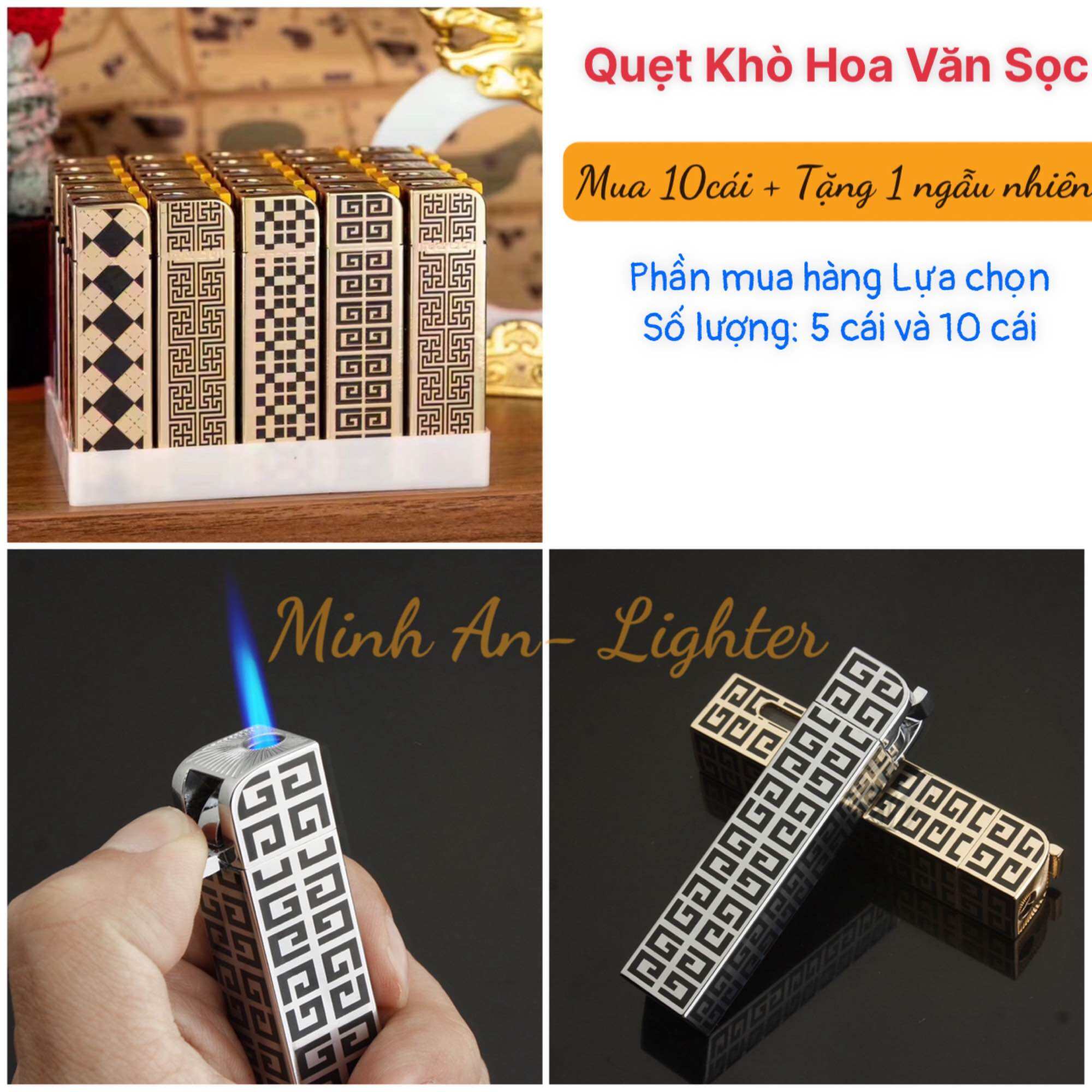 Combo 5cái Bật Lửa khò chống gió vỏ kim loại hình Hoa Văn tuần hoàn, nhìn ngang bên hông quẹt thấy ga, Bơm ga được khi hết