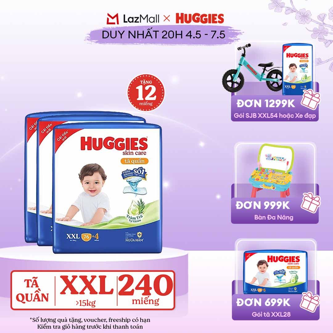 [CHỈ 20h 04-07.05 GIẢM THÊM 90K] Combo 3 Gói Tã/bỉm quần HUGGIES SKINCARE MEGA JUMBO size XXL76+4 miếng