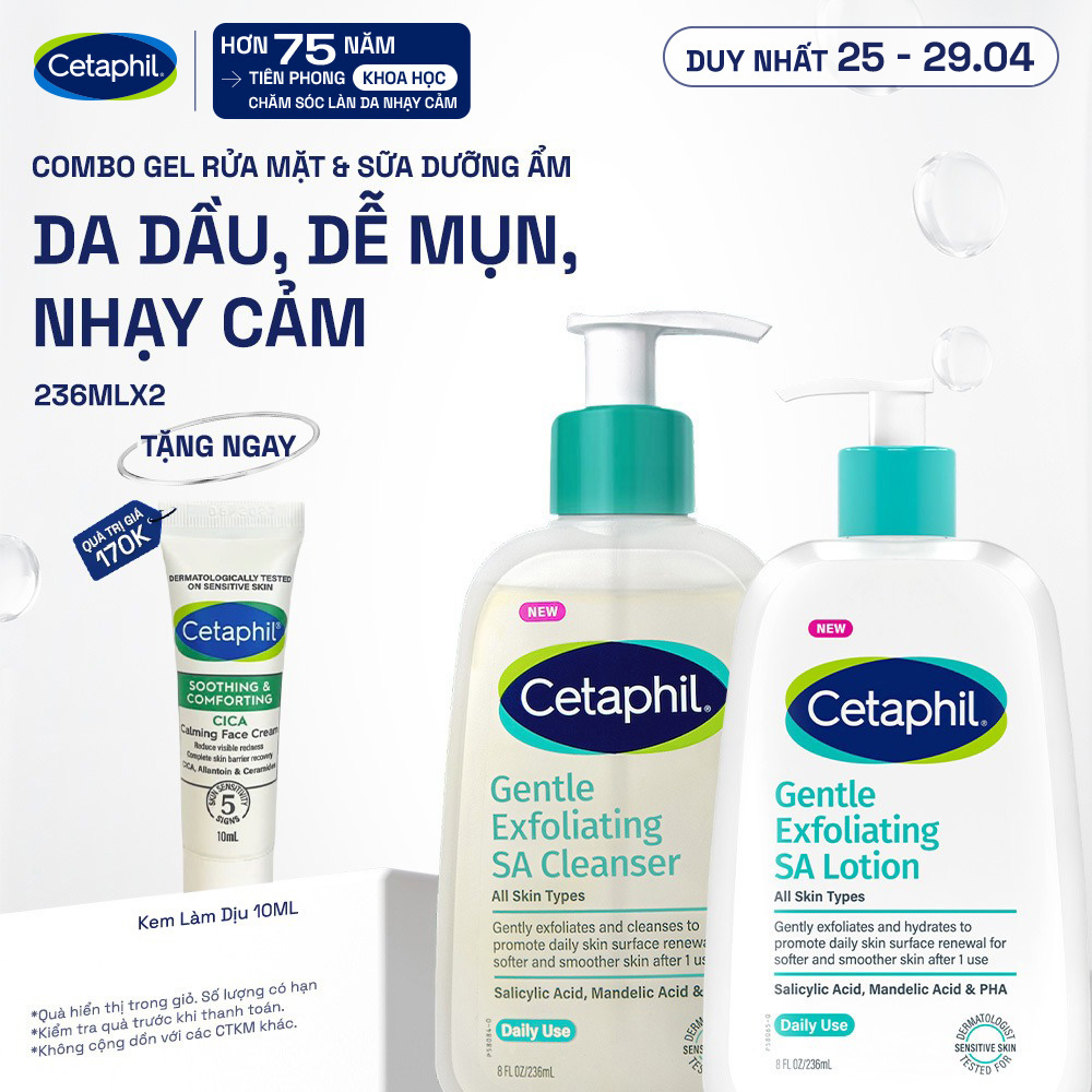 Combo Gel rửa mặt làm sạch dầu nhờn, ngăn mụn và Sữa dưỡng ẩm tẩy tế bào chết dịu nhẹ cho da dầu, mụn, nhạy cảm SA 236ml
