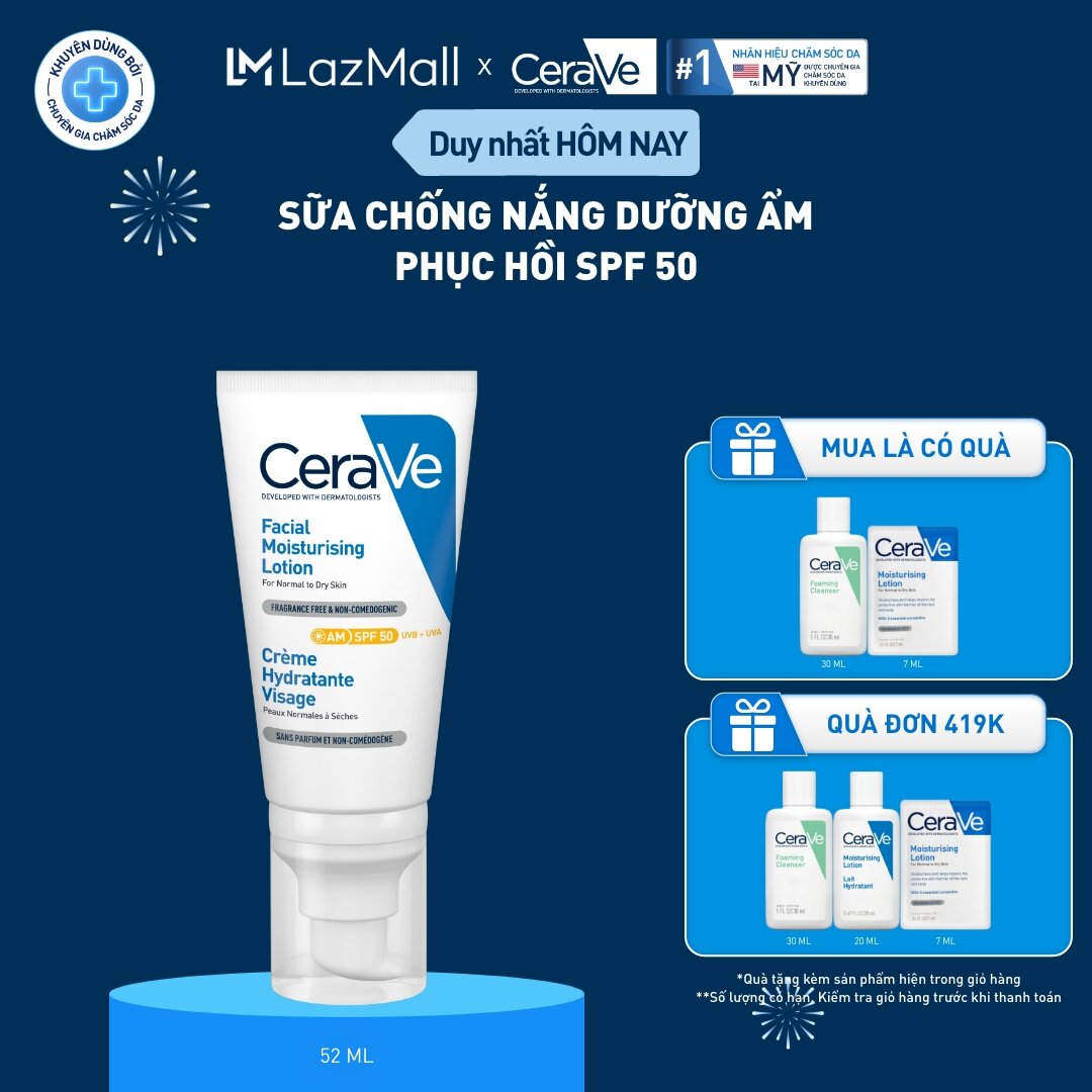  Sữa chống nắng dưỡng ẩm phục hồi SPF50 CeraVe Facial Moisturising Lotion AM 52ml 