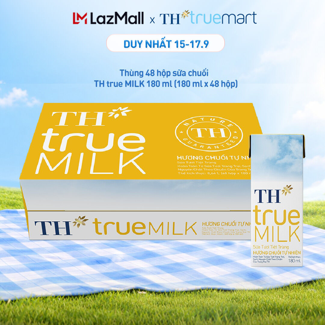 Thùng 48 hộp sữa tươi tiệt trùng TH true MILK hương chuối 180 ml (180 ml x 48)
