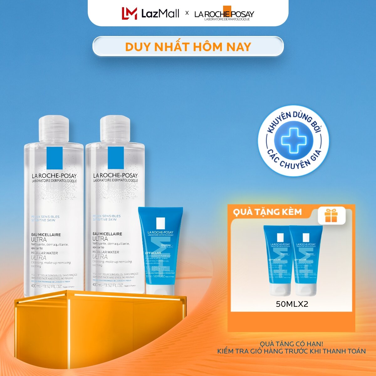 Bộ đôi gel rửa mặt và 2 nước tẩy trang làm sạch sâu cho da nhạy cảm Micellar Water Sensitive Skin 400ml và Effaclar Foaming Gel 50ml