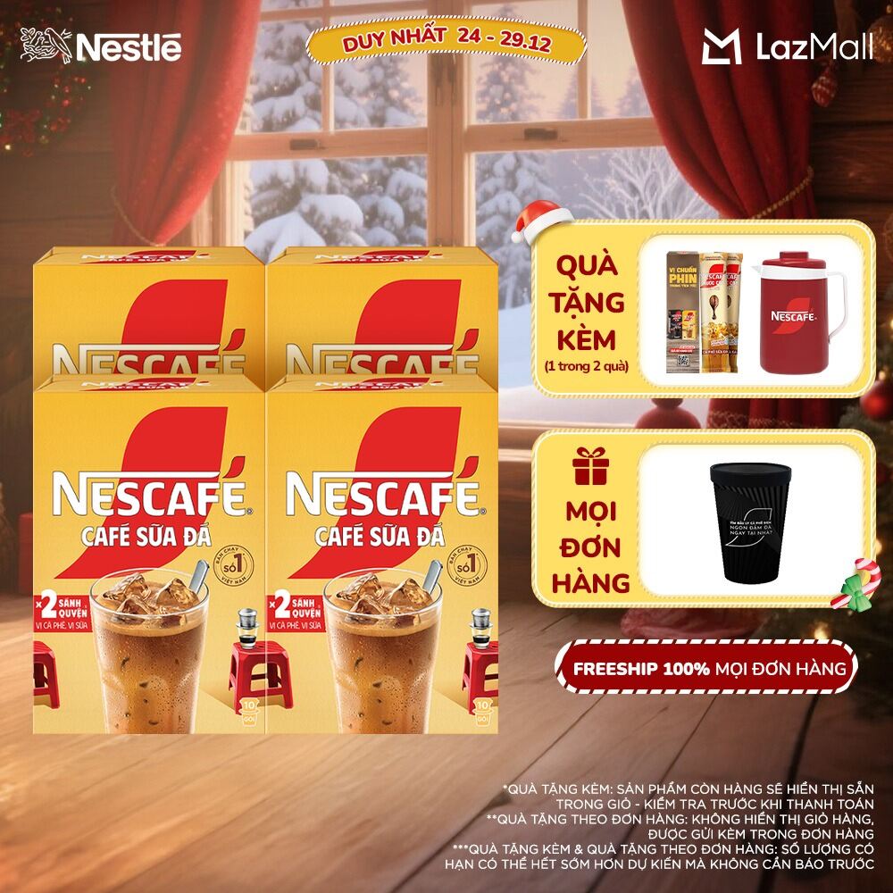  ƯU ĐÃI THÁNG 12   FREESHIP HCM  Combo 4 Hộp Cà phê sữa NESCAFÉ Cà Phê Sữa Đá  Hộp 10 gói x 24 g  