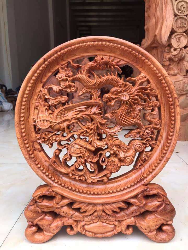 Đĩa gỗ tứ linh gỗ hương liền khối kèm chân đế đủ kích thước