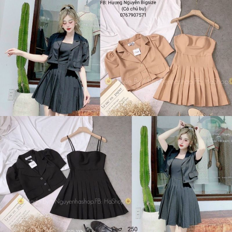 60-90kg bigsize set áo vest + đầm xếp ly