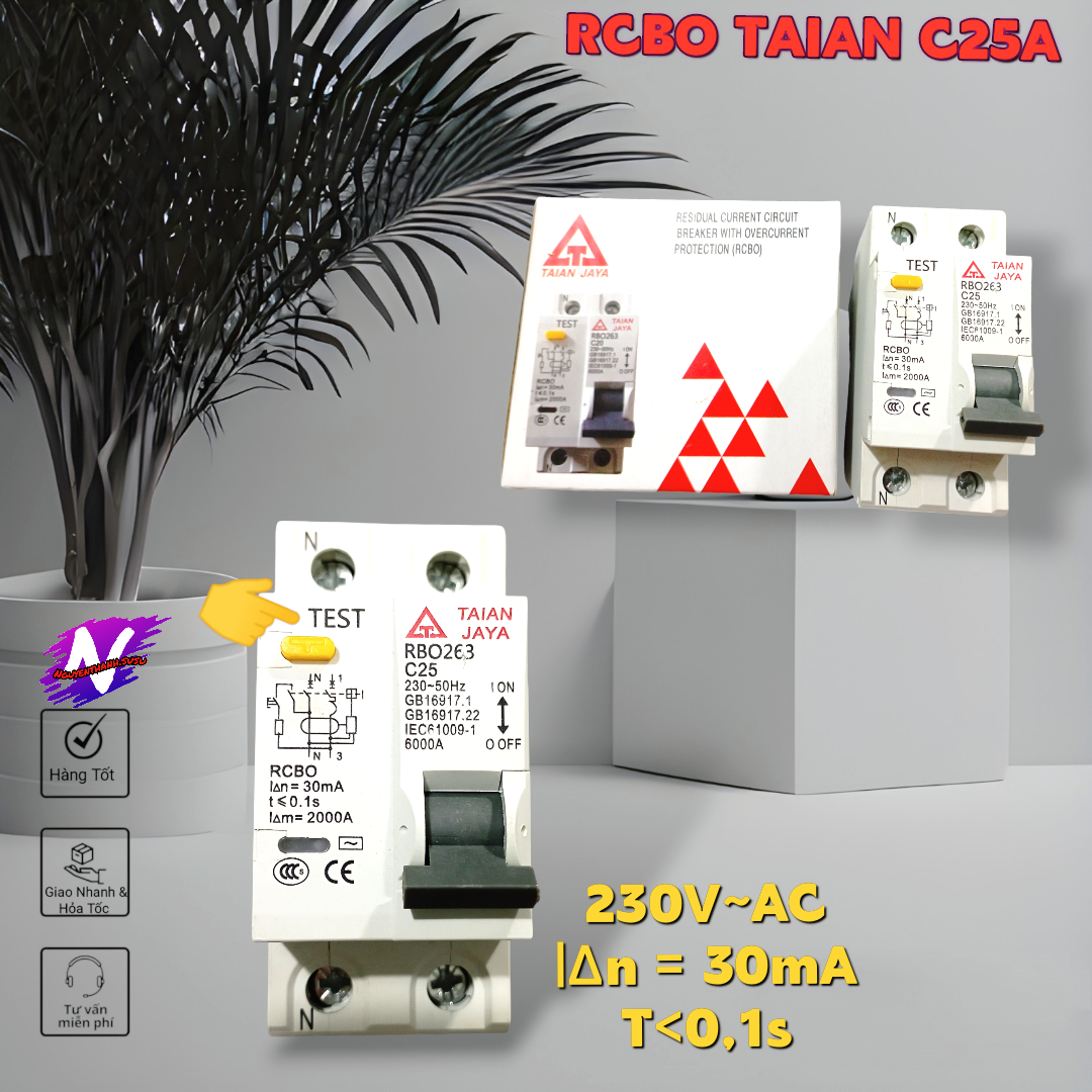 cb chống giật rcbo TAIAN JAYA 25A, aptomat chống giật 1pha 2cực Taian cao cấp