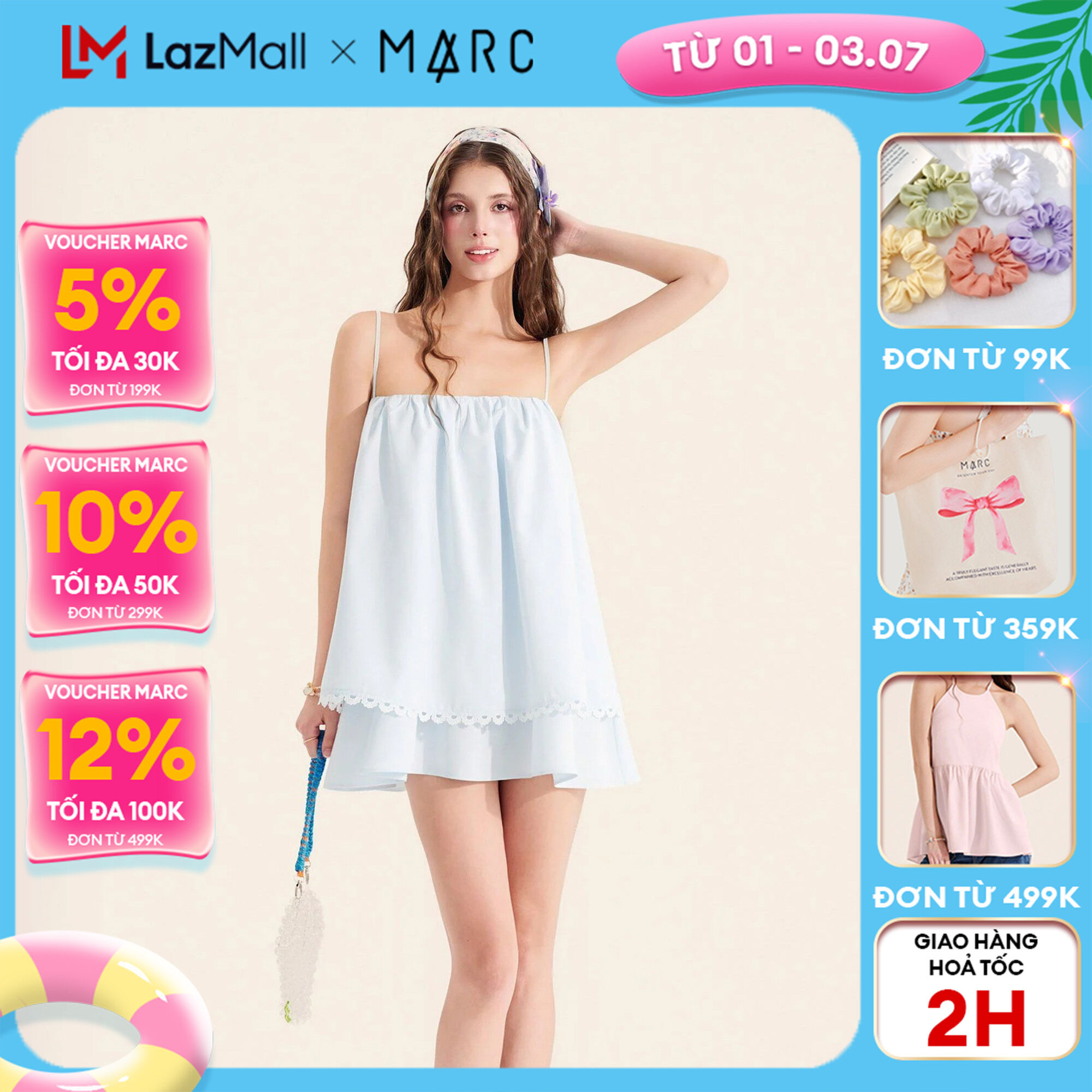 Đầm suông mini 2 tầng phối viền ren nữ marc fashion cbnh046024