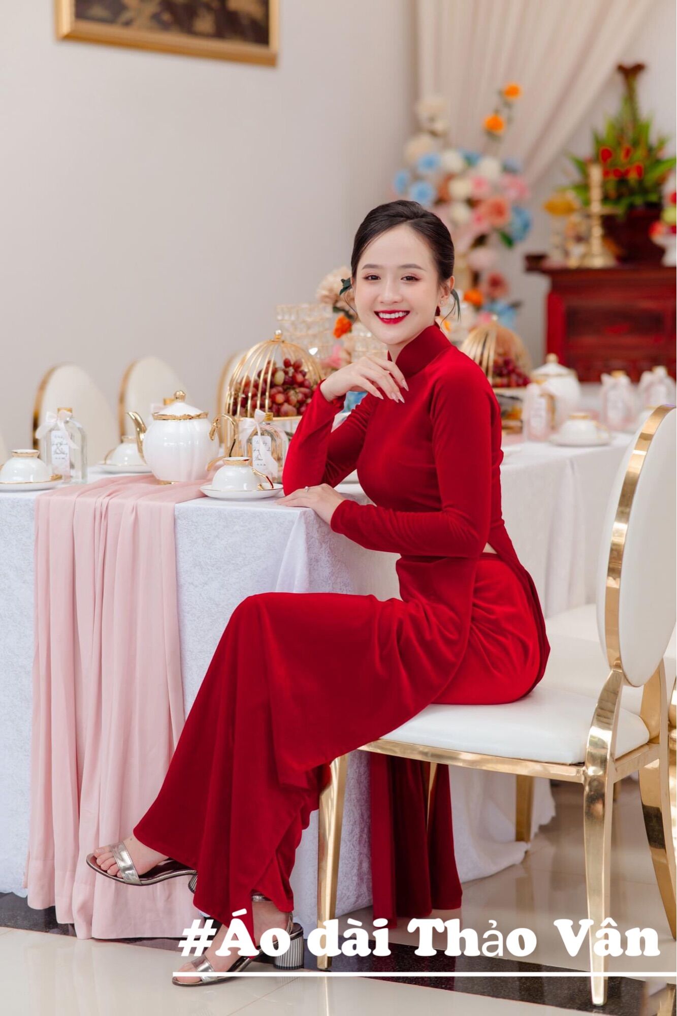 Áo dài cô dâu đỏ nhung cao cấp-TV001