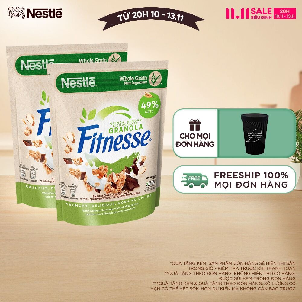FREESHIP TOÀN QUỐC Combo 2 Ngũ cốc ăn sáng Fitnesse Granola Diêm Mạch Hạnh Nhân & Sô Cô La gói 300g