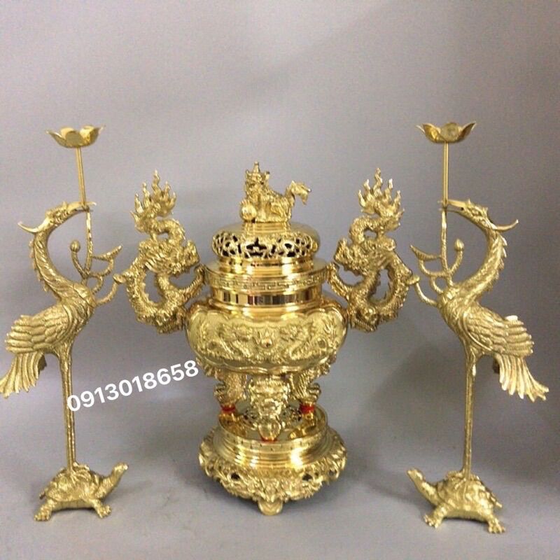 Bộ đỉnh thờ lư hương cao 40cm bằng đồng nguyên chất gồm 1 đỉnh 2 hạc nặng 9kg