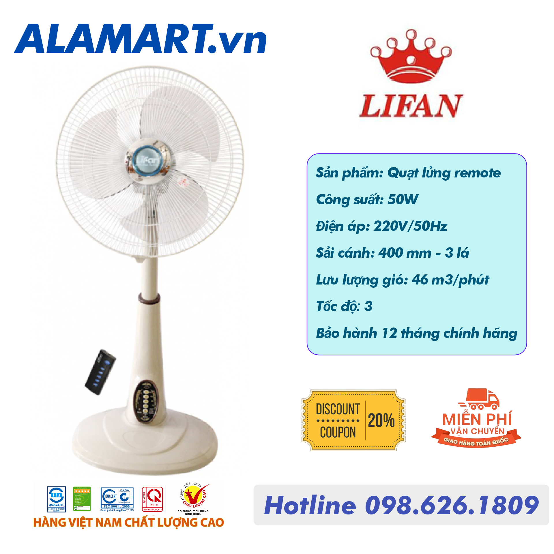 Quạt lửng remote lifan ql-216rc