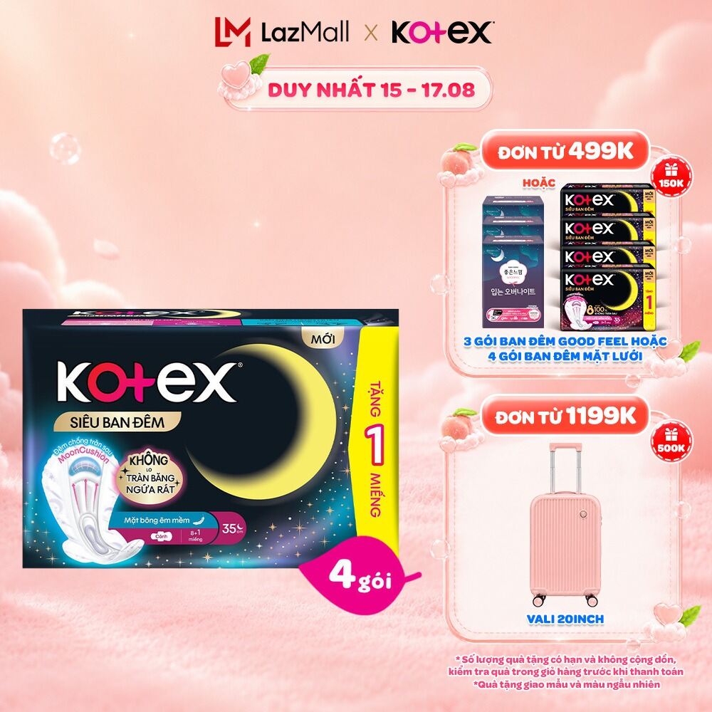 Combo 4/Combo 8 gói Băng vệ sinh Kotex Siêu Ban Đêm 28cm/35cm Mặt lưới Mềm hóa