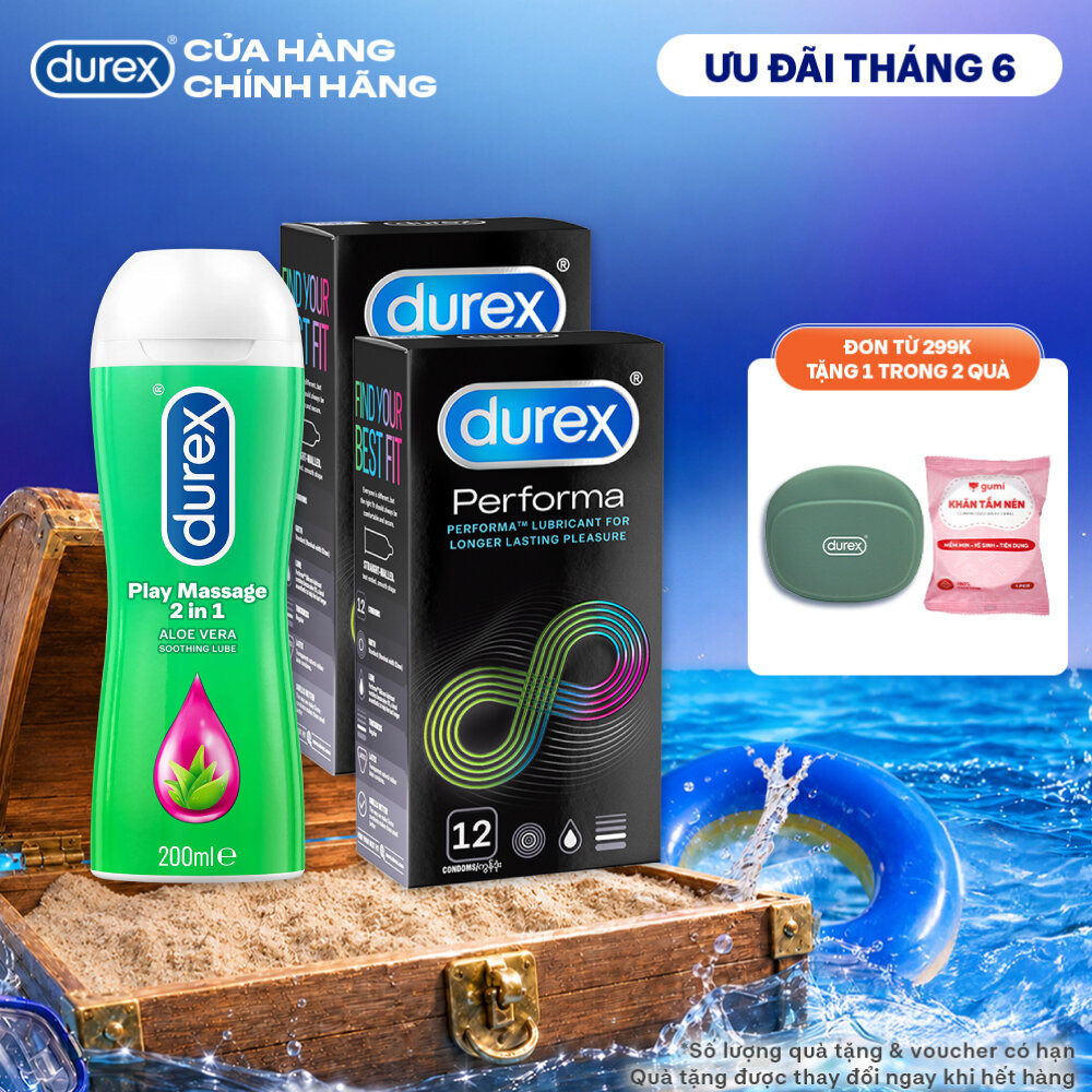 Bộ 2 hộp bao cao su Durex Performa kéo dài thời gian (size 52mm, 12 bao/hộp) và 1 chai gel bôi trơn Durex Massage 2n1 200ml