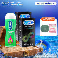 Bộ 2 hộp bao cao su Durex Performa kéo dài thời gian (size 52mm, 12 bao/hộp) và 1 chai gel bôi trơn Durex Massage 2n1 200ml