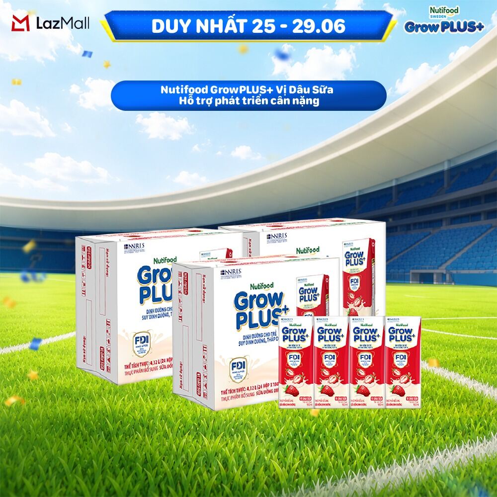 Combo 3 Thùng 24 hộp Sữa nước pha sẵn Nutifood GrowPLUS+ Vị Dâu Sữa hộp 180ml - Hỗ trợ phát triển cân nặng