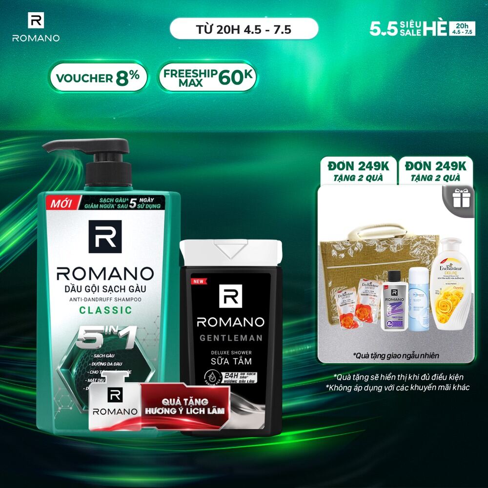 Dầu gội Romano sạch gàu Classic 610g tặng sữa tắm nước hoa Gentleman 150g