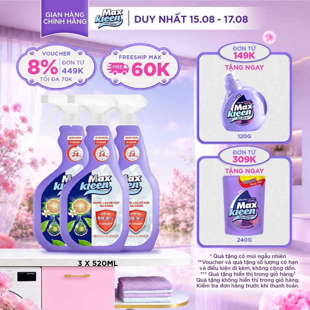 Combo 3 Nước Lau Bề Mặt Đa Năng MaxKleen Loại Bỏ 99.9% Vi Khuẩn Hương Trà Xanh  Cam Bergamot 520mlx3
