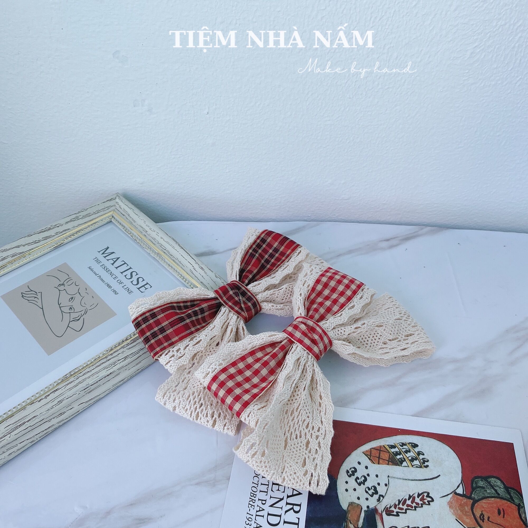 🎀 KẸP TÓC NƠ REN PHỐI CARO TIỂU THƯ - [ Nhà Nấm handmade ]