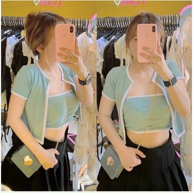Set áo croptop kèm khoác viền - Set áo croptop áo ống kèm khoác ngoài