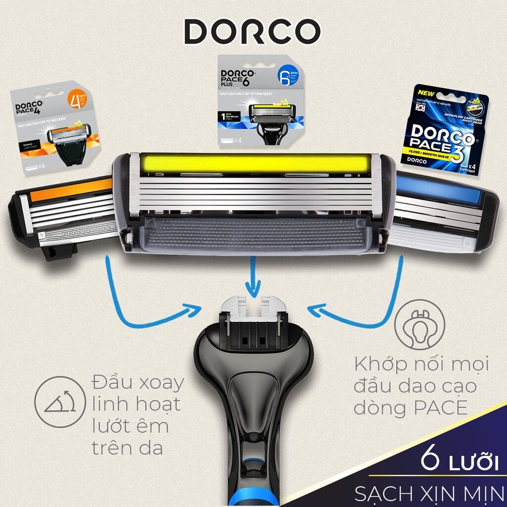 Dao cạo râu 6 lưỡi DORCO PACE 6 Plus [6 lưỡi - đầu cắt tóc mai] (Vỉ gồm 1 cán + 1 đầu cạo)