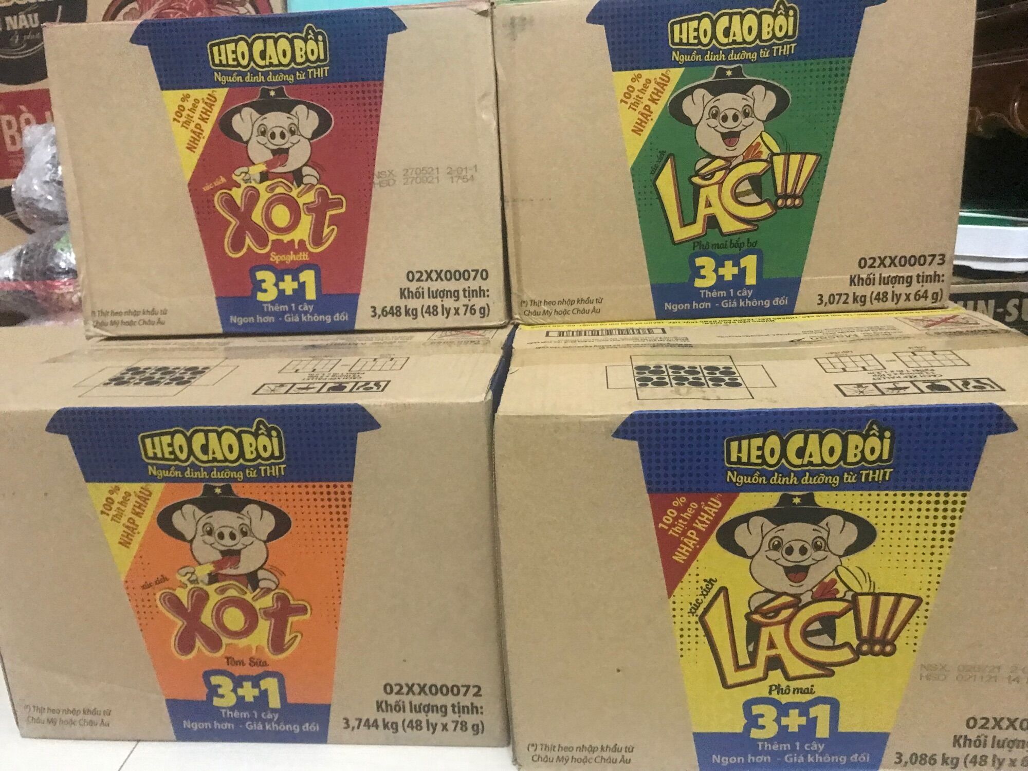 [HCM]Xúc xích lắc heo cao bồi(thùng 48 ly) mix 4 màu