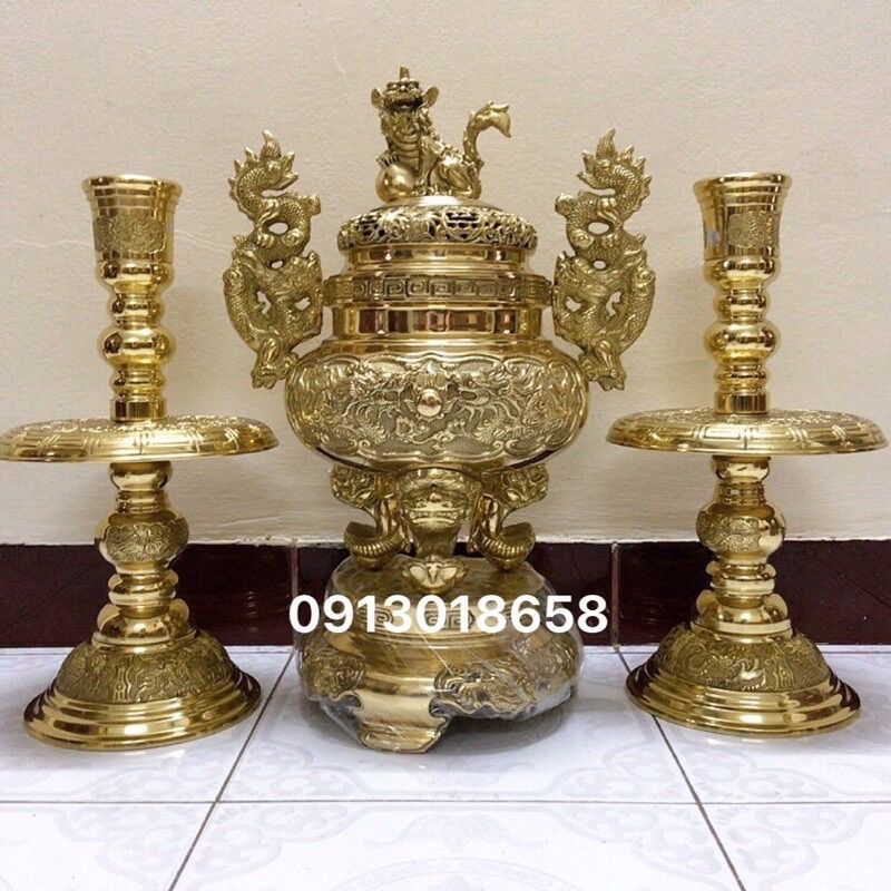 Bộ đỉnh thờ lư hương 50cm bằng đồng gồm 1 đỉnh 2 nến nặng 13kg