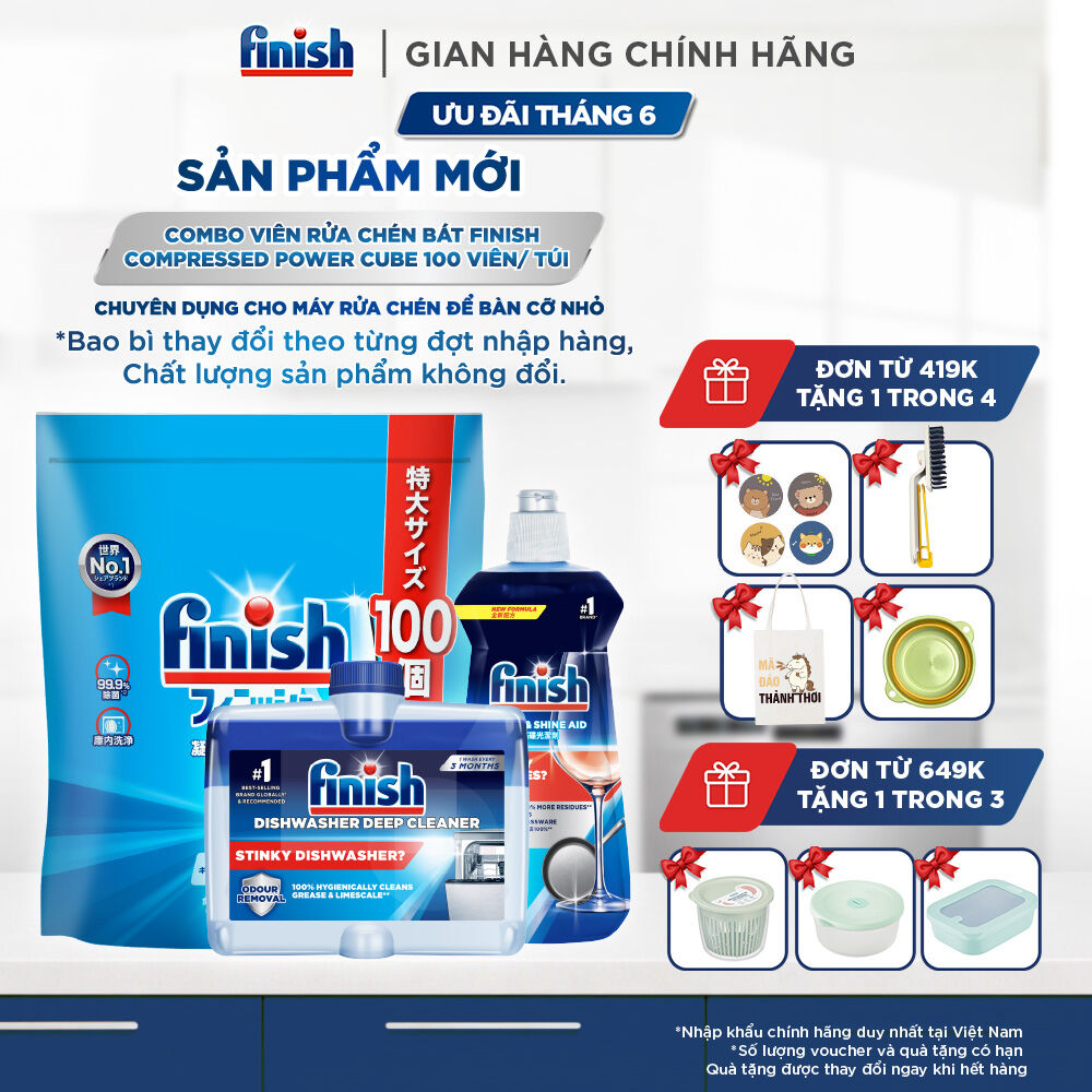 Combo Finish: Viên Rửa Chén Finish Nhật Bản Power Cube 100 Viên + Nước Làm Bóng + Dung Dịch Tẩy Rửa Máy Rửa Chén Bát