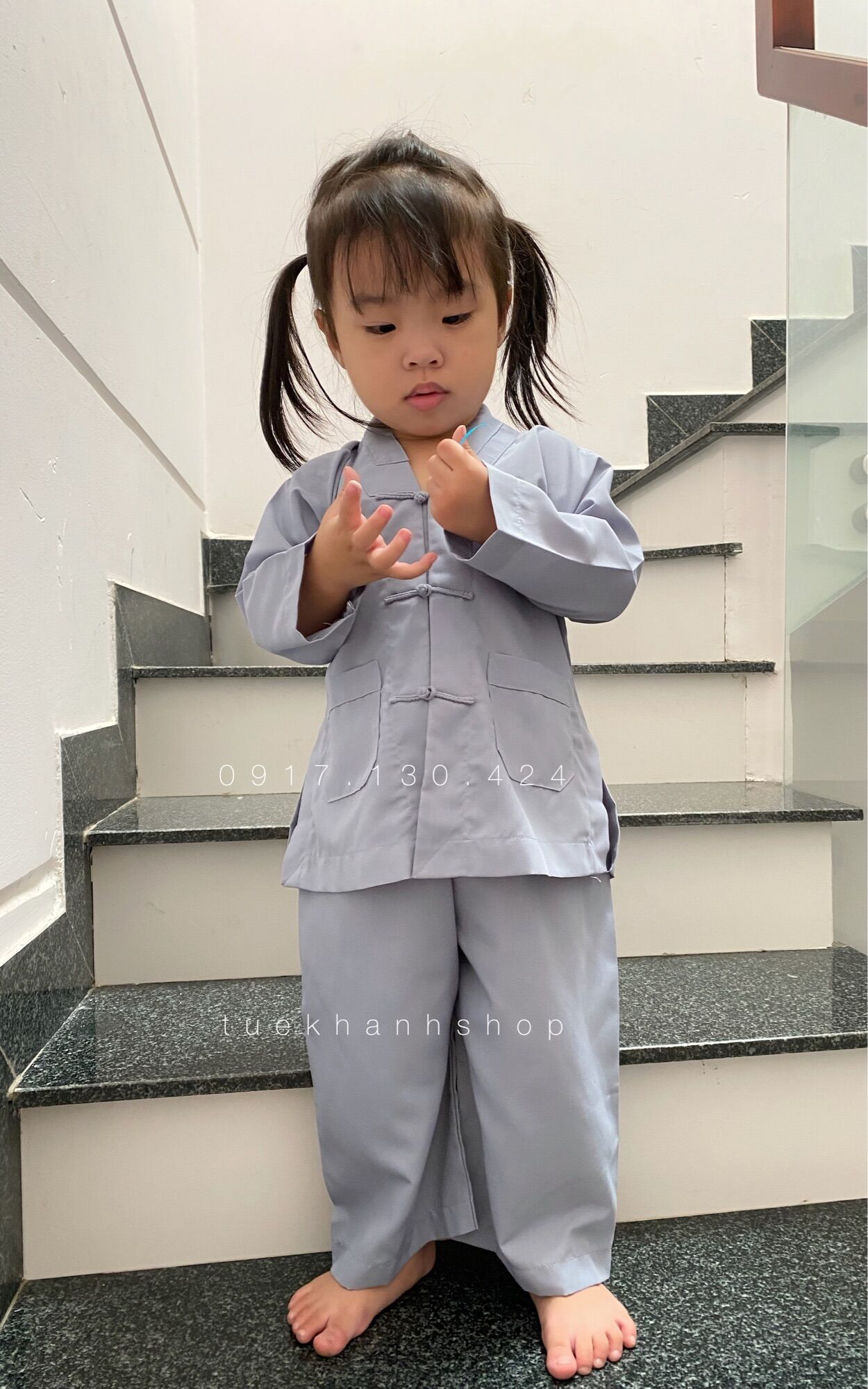 Đồ lam đi chùa cho bé gái màu lam kiểu la hán
