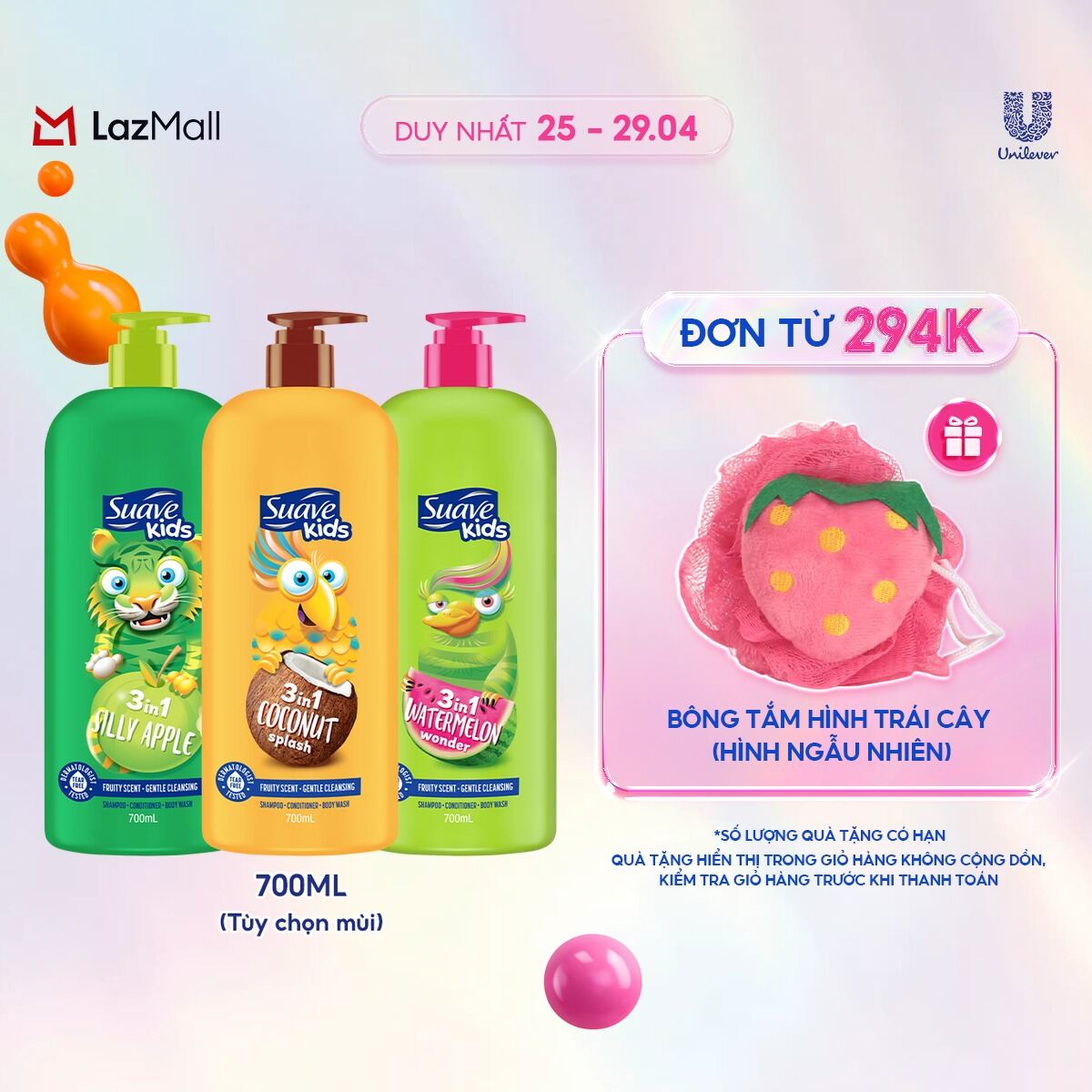 Sữa tắm gội trẻ em Suave Kids 3 trong 1 700ml (Hương Táo/Dưa Hấu/Dừa)