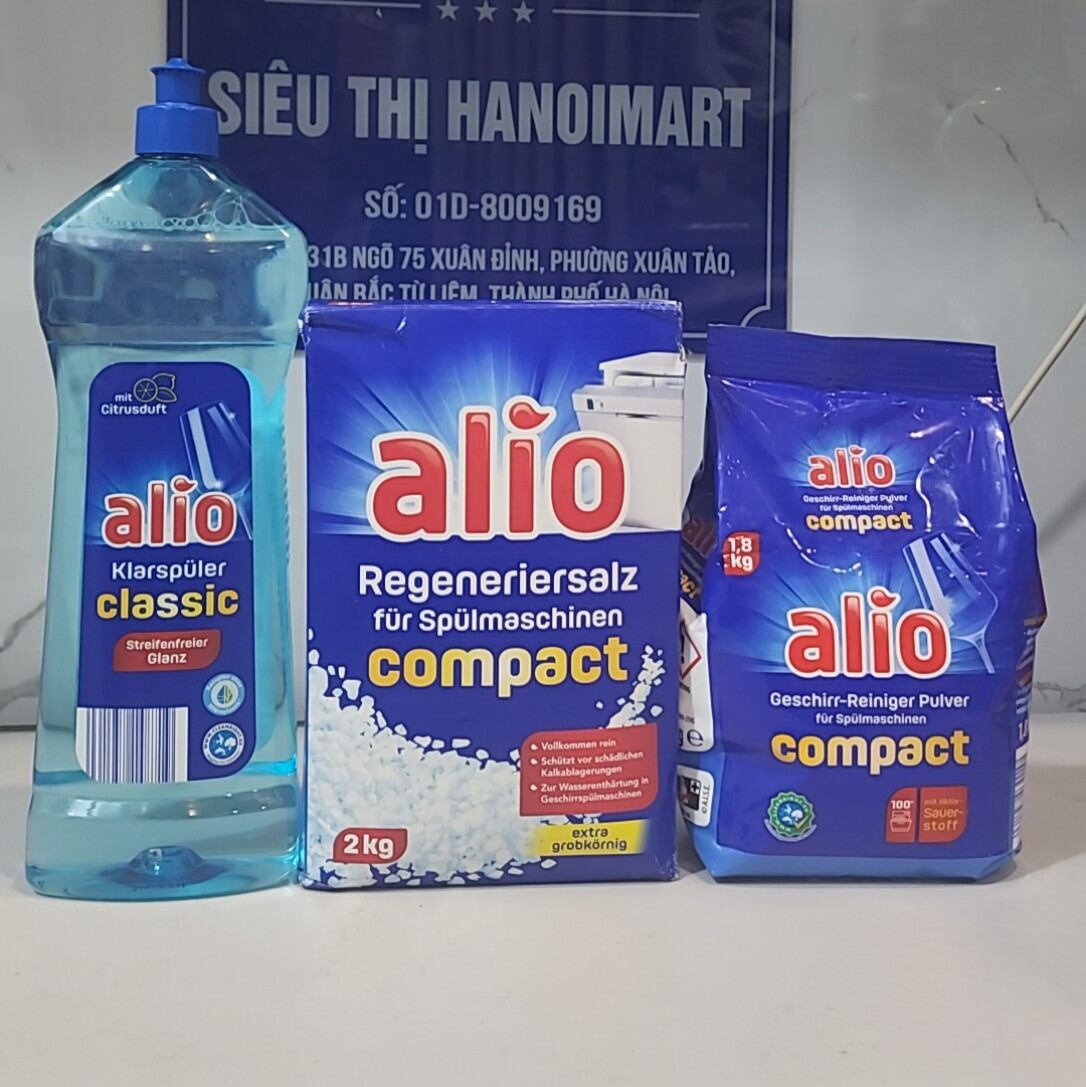 Combo Bột rửa chén bát alio 1, 5kg và dung dịch nước làm bóng bát alio 1 lít dùng cho máy, combo bột Alio 1.8kg hoặc dầu bóng alio 1000ml