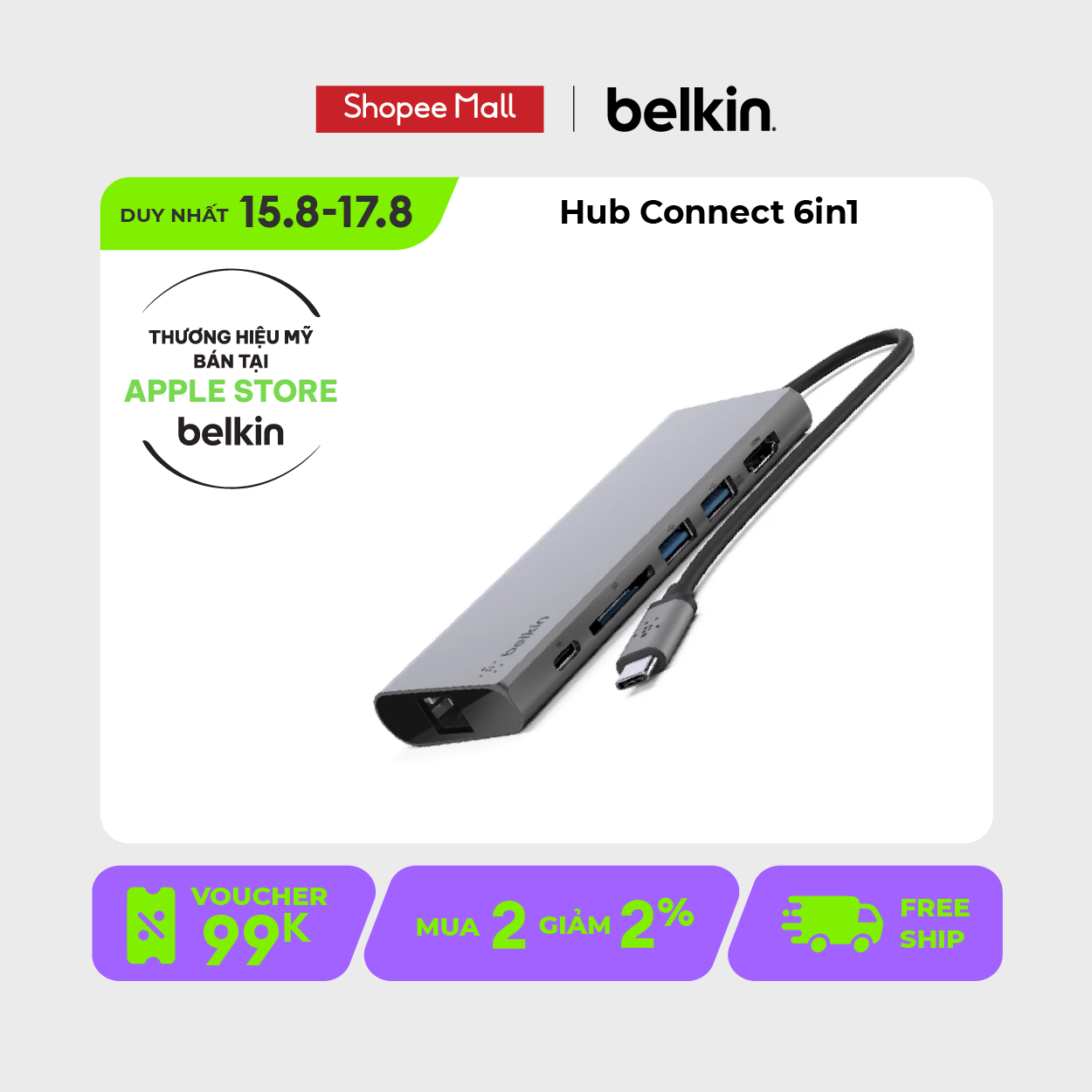 Hub chuyển đổi Belkin USB Type C Multimedia 6in1 - HDMI 4K 30Hz, Gigabit ethernet