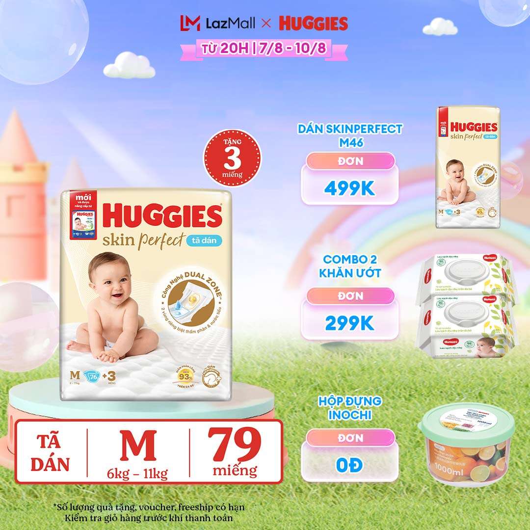 [CHỈ 20h 5-8/6 QUÀ TẶNG ĐƠN 0Đ]  Tã dán Huggies Skin Perfect Super Jumbo M76+3 miếng