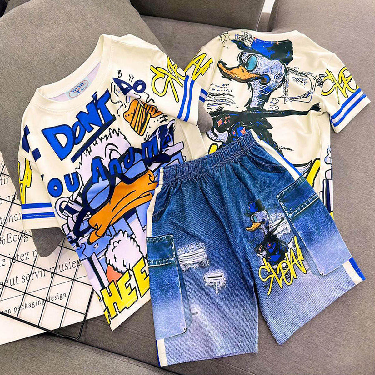 Đồ bộ bé trai in 3D vải thun, set đồ co giãn tốt, bộ quần áo T021H2