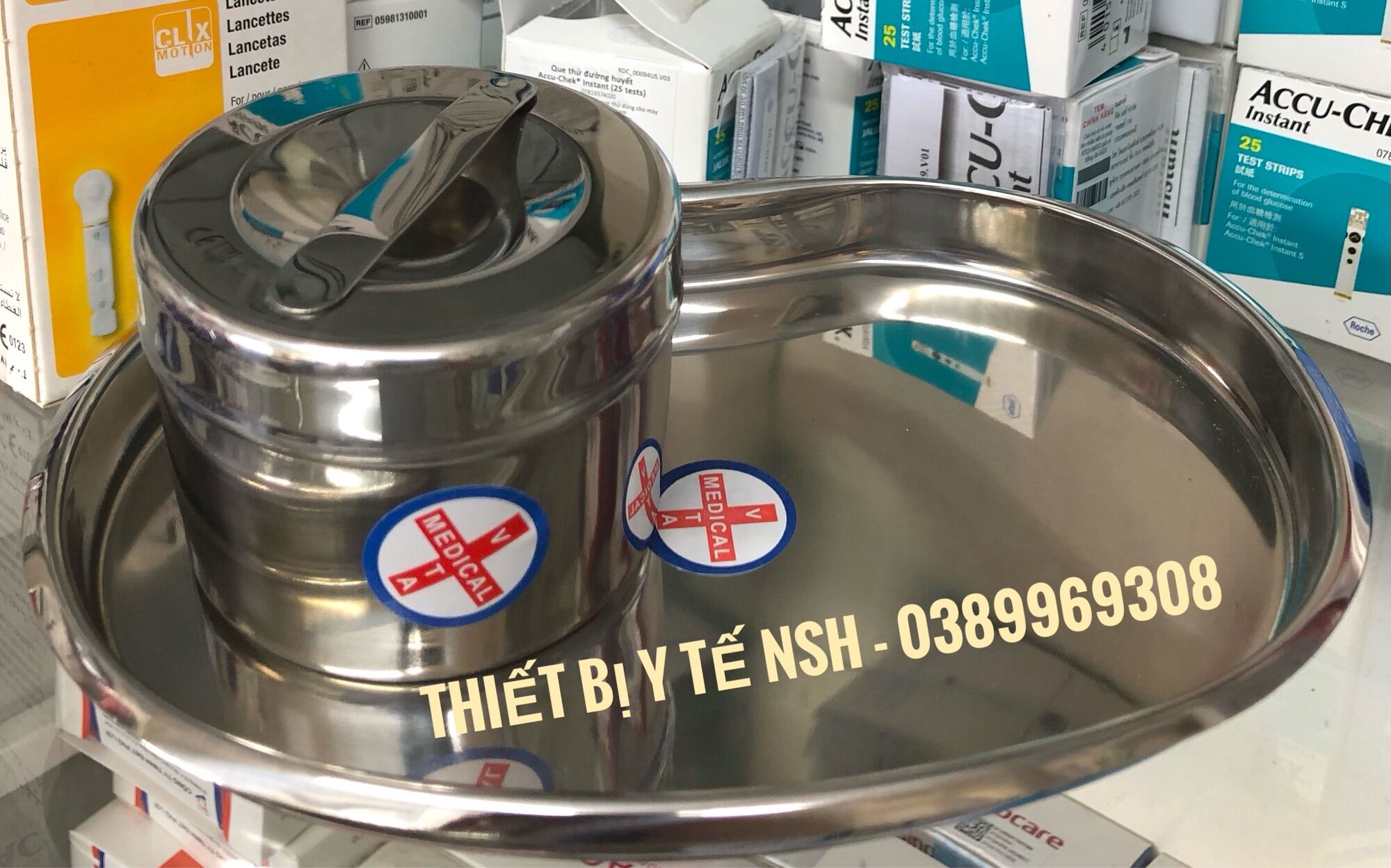 ❤️ bộ dụng cụ y tế inox gia đình gồm khay hạt đậu cạn và hộp inox đựng bông gòn cồn inox size 7.5cm