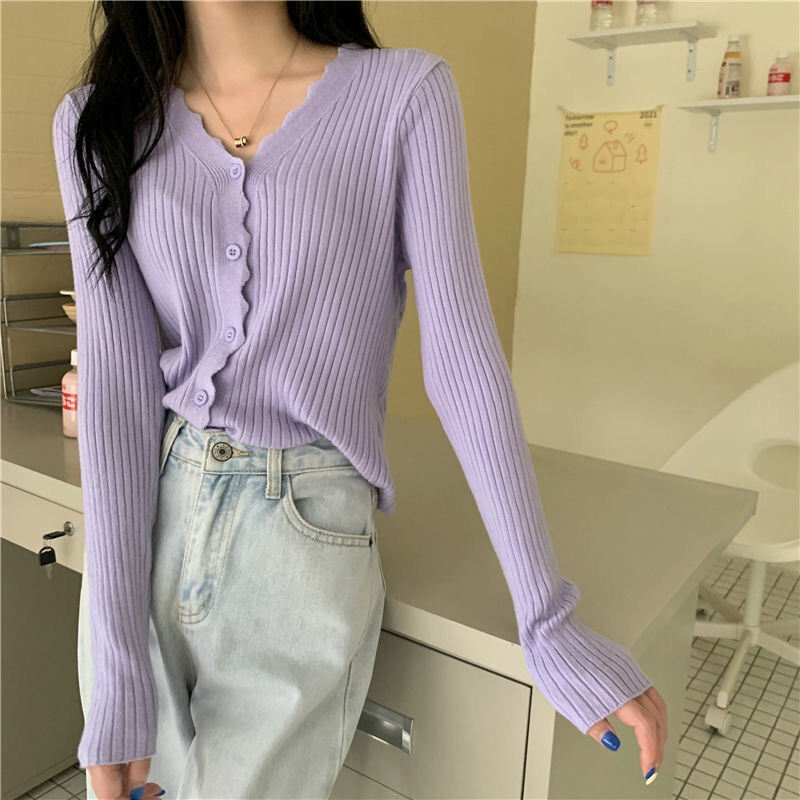 Áo Len Cardigan Cổ Chữ V Tay Dài Mỏng Ôm Vừa Vặn Áo Khoác Ngoài Mùa Xuân Thu Áo Len Cardigan Ngắn Mà