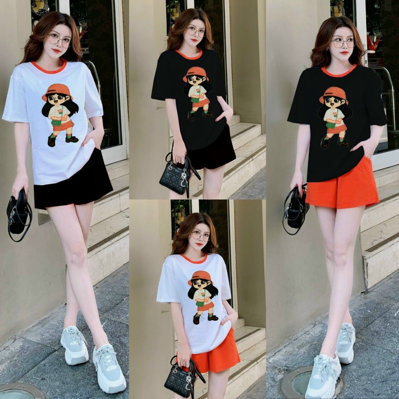 Bộ short cotton thêu logo q châu cao cấp