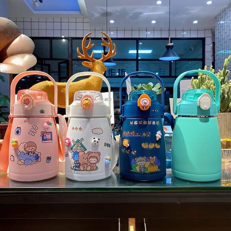 [Siêu Cute] Bình Nước Giữ Nhiệt Cute, Bình Nước Giữ Nhiệt Kèm Ống Hút ( Tặng kèm sticker 2D, 3D Inox 304 không rỉ)