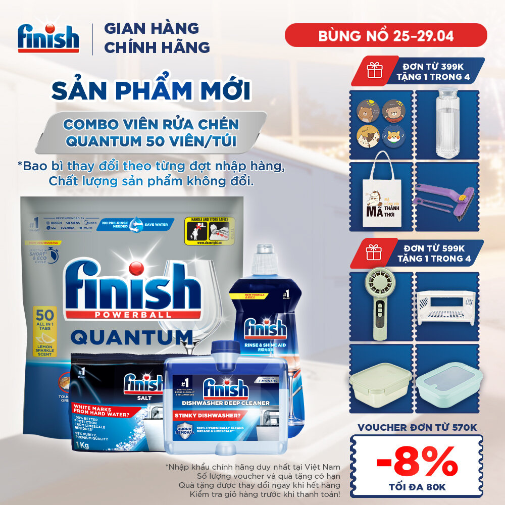 Combo Finish: Viên Rửa Chén Bát Finish Powerball Quantum 50 viên + Nước Làm Bóng 500ml + Muối Rửa Chén Bát 1kg + Dung dịch vệ sinh máy
