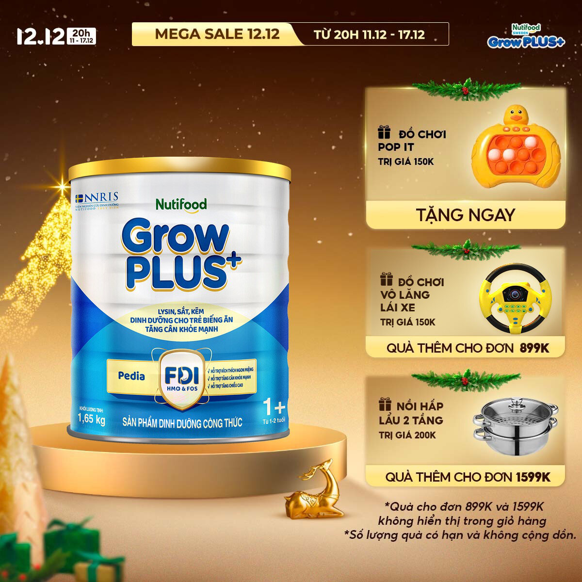 Sữa Bột Nutifood GrowPLUS+ Biếng Ăn (Xanh) 1+ - Tăng Cân Khỏe Mạnh (Lon 1,65 Kg)