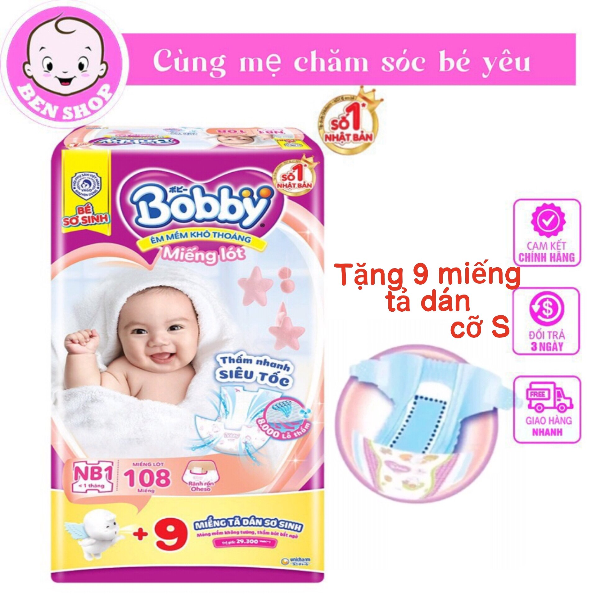 Miếng Lót Bobby Newborn 108 Miếng TẶNG 9 Tả Dán Cỡ S