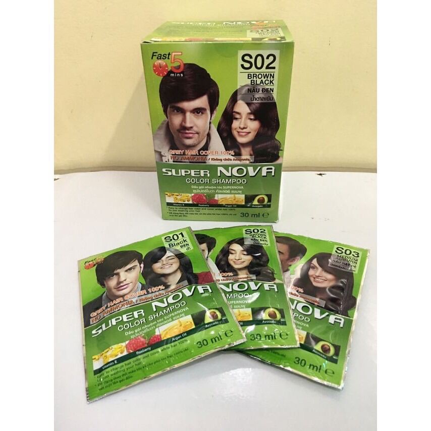 1 hộp 12 gói dầu gội phủ bạc SUPER NOVA màu nâu hạt dẻ, nâu đen, nâu đồng, đen