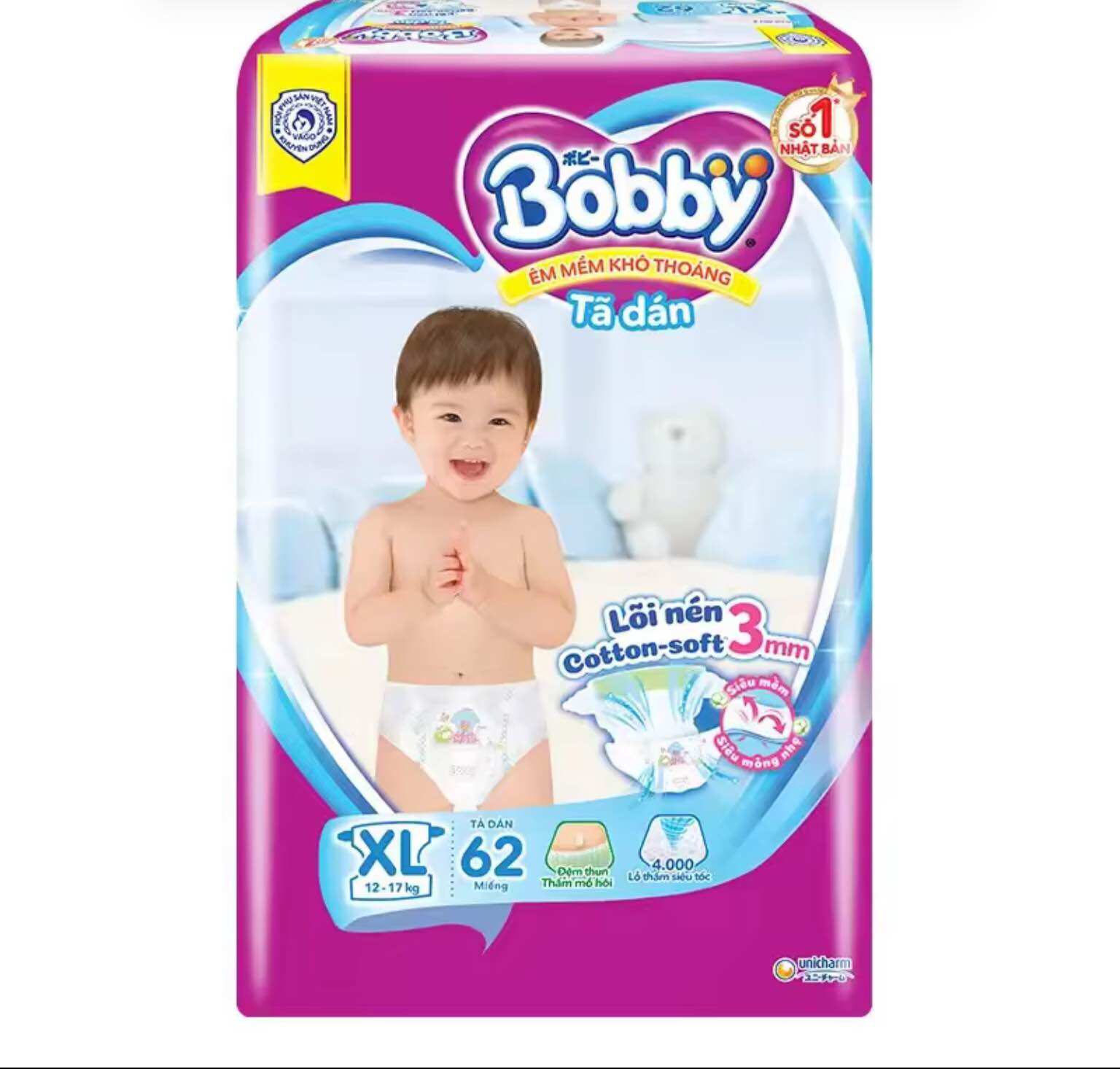 Tã dán bobby xl62 cho bé từ 12-17kg - tã dán trẻ em- hsd luôn mới
