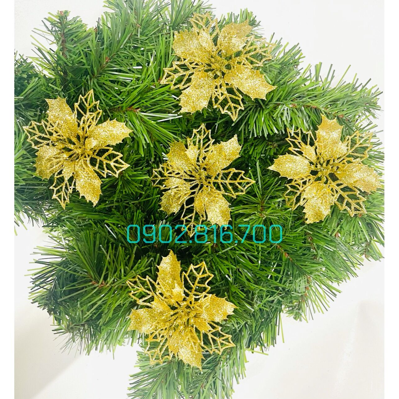 Sét 5 hoa trạng nguyên kim tuyến đỏ vàng 10cm trang trí noel