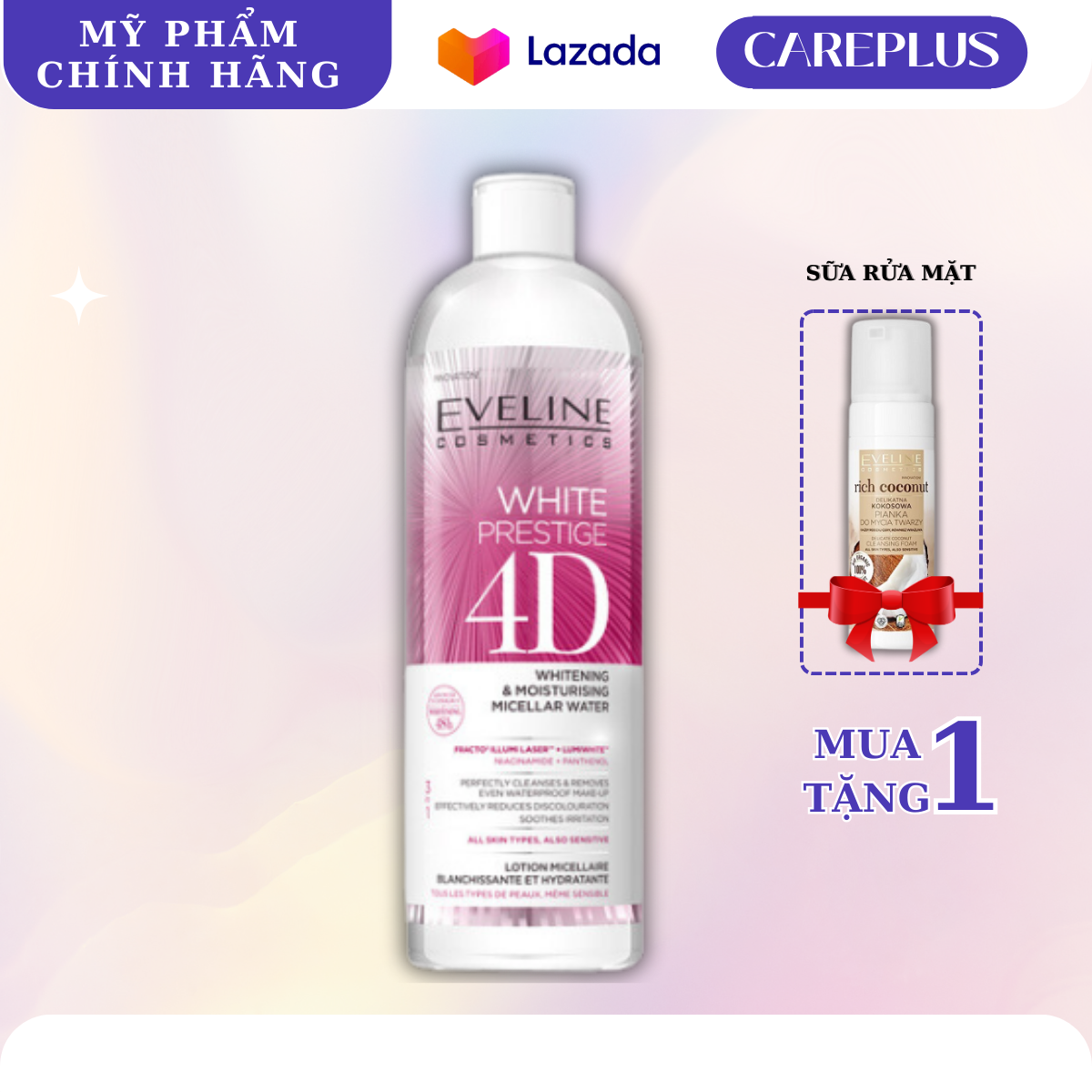 [TẶNG GEL RỬA MẶT EVELINE 150ML]  Nước tẩy trang làm trắng và dưỡng ẩm da White Prestige 4D Eveline 500ml