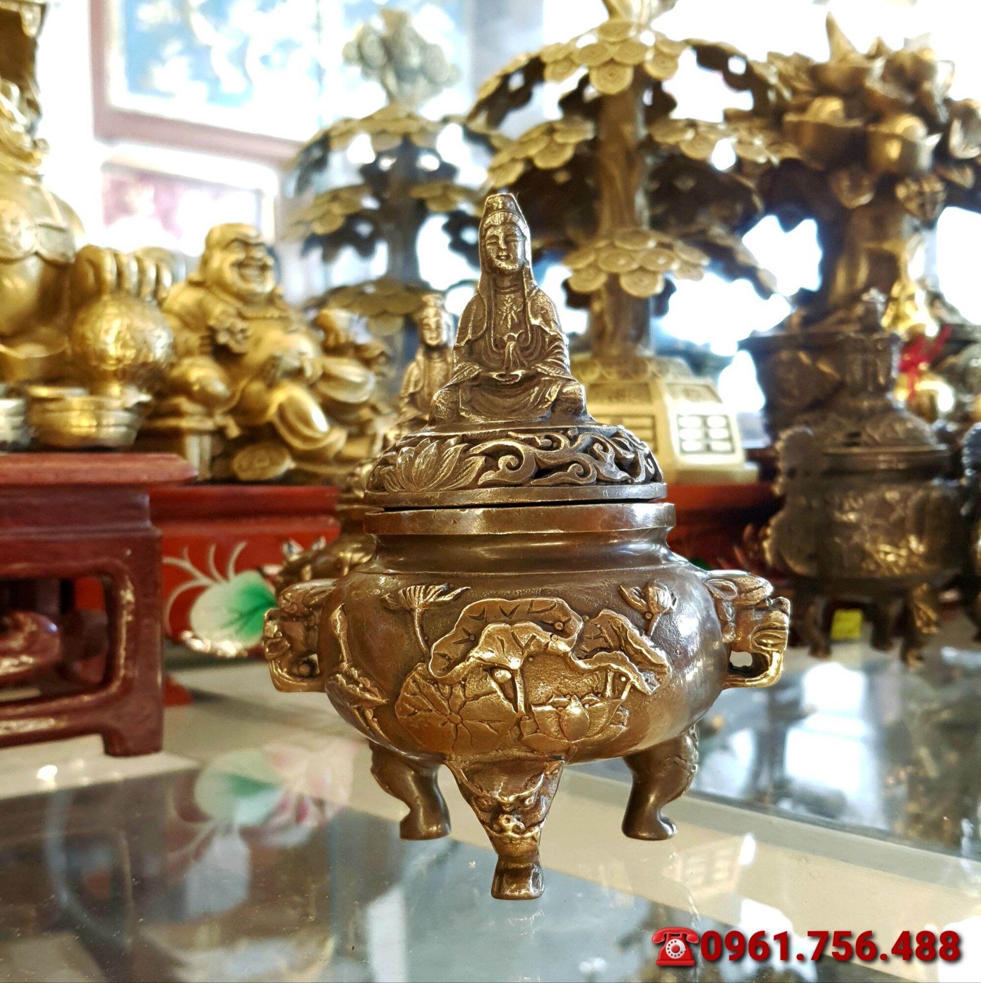 Lư đồng xông trầm nắp Phật Quan Âm 14cm
