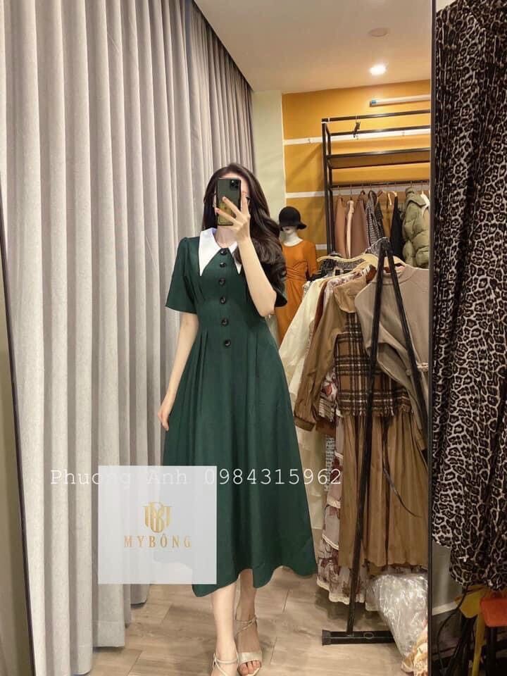 Đầm tiểu thư cổ lá sen xinh đẹp xanh rêu BG