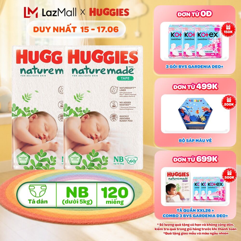 Combo 2 Tã/Bỉm dán Huggies NatureMade NB60/S82/M64/L54/XL44