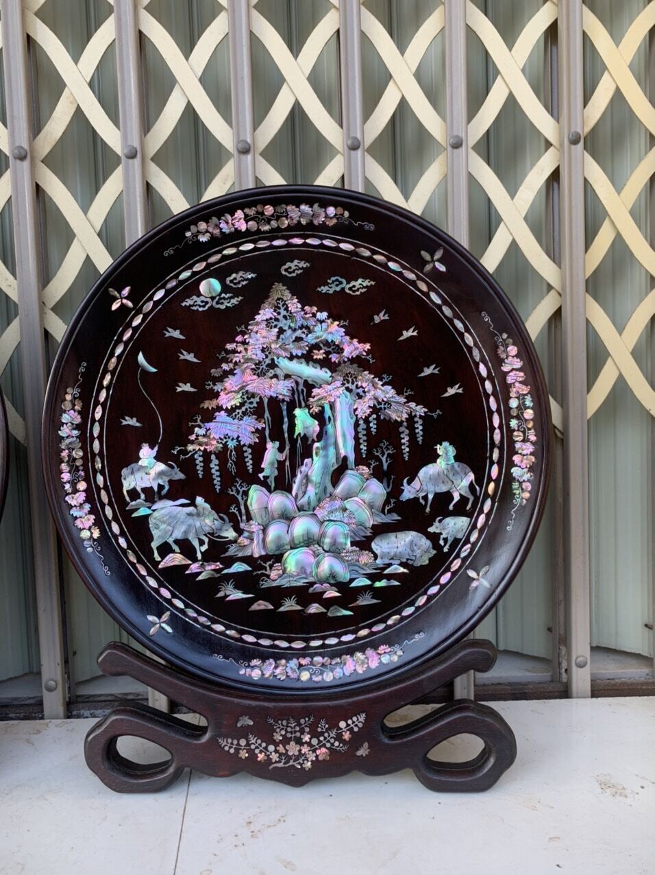 Đĩa đồng quê khảm đẹp đường kính 38cm