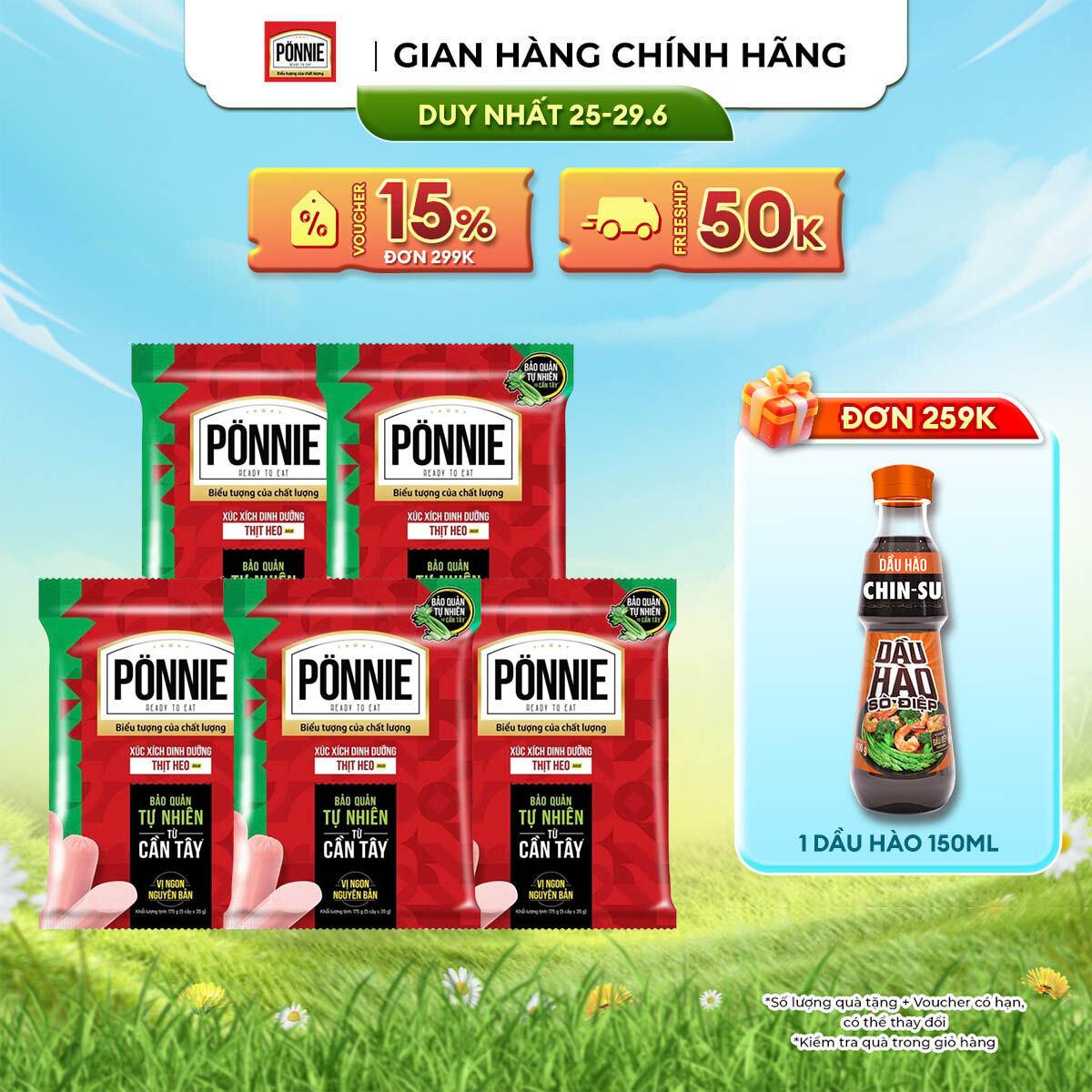 [DUY NHẤT 25-29.06 VOUCHER 18% ĐƠN 249K] Combo 5 Xúc xích tiệt trùng Ponnie Heo 35g
