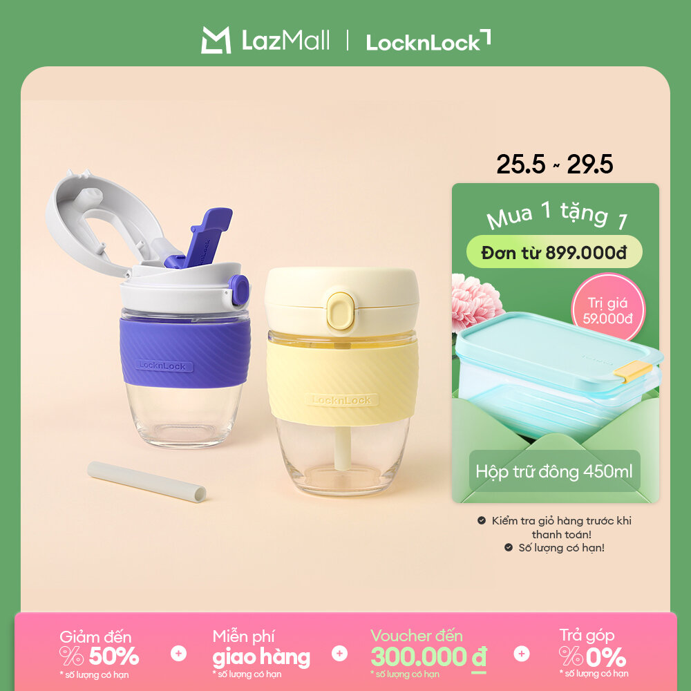 Cốc thủy tinh kèm ống hút LocknLock One Touch Dual Cup 400ml bằng thủy tinh chịu nhiệt LLG968